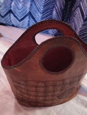 Vintage Leather Handbag Tote With Red Leather Interior and Topstitching